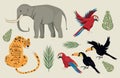Wild animals and leafs group scene