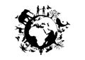 Planet Earth with animals and humans black silhouette vector