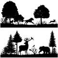 Wild animals silhouettes in green fir forest vector illustration Royalty Free Stock Photo