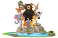 Wild animals standing on stone cartoon character on white background