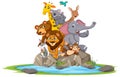 Wild animals standing on stone cartoon character on white background