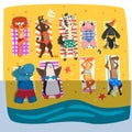 Wild animals sunbathing on the beach, cute animals cartoon characters relaxing on the seashore at summer vacation vector Royalty Free Stock Photo