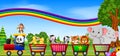 Wild animals on the train with rainbow illustration