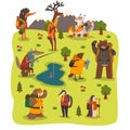 Wild animals travelling set, cute animals characters having hiking adventure travel or camping trip vector Illustration