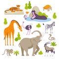 Wild animals in the zoo set of vector illustrations in flat design isolated on white background. Green bushes and trees Royalty Free Stock Photo