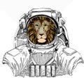 Wild astronaut animal in spacesuit. Deep space. Galaxy. Lion. Portrait of wild lion. Safari animal head.