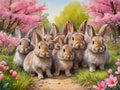 Wild baby rabbits playing on a path in the countryside. Watercolour style. Royalty Free Stock Photo