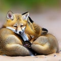 Wild baby red foxes cuddling at the beach, Nova Scotia, Canada