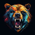 Colorful Grizzly Bear Head: Vibrant Illustration On Black Background