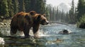 Wild bear hunting for salmon in mountain river in summer, brown grizzly animal in water on green trees background. Concept of