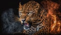 The Wild and the Beautiful: An Angry Leopard with Fire and Smoke, Apex Predator, Generative AI