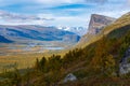 Wild, beautiful arctic landscape of northern Sweden. Skierfe mountain and Rapa river valley in early autumn. Sarek