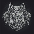 Wild beautiful wolf head hand draw on a chalk board background.Fashion boho american steam punk style in a vector illustration