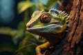 Wild beauty Close up of reptile on tree, stunning natural background