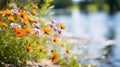 The wild beauty of vibrant wildflowers by a riverbank Royalty Free Stock Photo