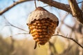 wild bee hive hanging on high tree branch