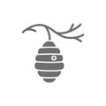 Wild bee hive on tree, beehive grey icon.