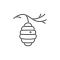 Wild bee hive on tree, beehive line icon.