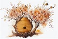 Wild bee hive on tree with flowers drawing with bit of watercolour Royalty Free Stock Photo