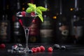 Wild berries alcoholic cocktail drink with vodka, syrup, lemon juice, blueberries, raspberries, blackberries and ice in cocktail Royalty Free Stock Photo