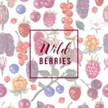 Wild berries emblem over seamless pattern with hand drawn berries