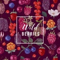 Wild berries emblem over seamless pattern with hand drawn berries