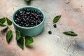 Wild berries, Northern berry: lingonberry, blueberry, Bowl of fresh maqui berry on light background, top view