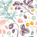 Wild berries sketches seamless pattern. Hand drawn berry vintage vector background. Summer fruit backdrop - strawberry, cranberry Royalty Free Stock Photo