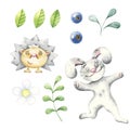 Wild berry collection set isolated on white background. Watercolor hare and hedgehog. Royalty Free Stock Photo