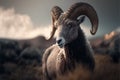 Wild Bighorn Ram portrait closeup view. Animal husbandry. Bighorn Sheep Ram in Mountains background generative AI Royalty Free Stock Photo