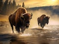 Wild bisons on a river