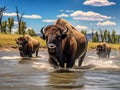 Wild bisons on a river
