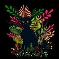 Wild black cat with amber eyes, sit in a colorful foliage and flowers, isolated on black background. Decorative vector Royalty Free Stock Photo