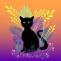 Wild black cat with green eyes sit in foliage and flowers,  isolated on bright gradient colors background. Decorative vector Royalty Free Stock Photo