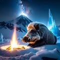 Wild Boar by Campfire in Snowy Landscape Royalty Free Stock Photo