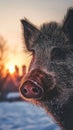 Wild boar close-up at sunrise in winter landscape Royalty Free Stock Photo