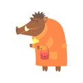 Wild Boar Dressed As Old Lady With Coat And Purse, Forest Animal Dressed In Human Clothes Smiling Cartoon Character Royalty Free Stock Photo