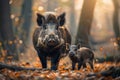 Wild boar family with baby in the forest. Generative AI