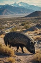 Collared Peccary Foraging in a Desert Landscape with Distant Snow-Capped Mountains Royalty Free Stock Photo