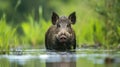 Wild boar in grass in water