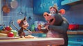 wild boar and a monkey are cooking in a small, child-sized kitchen. The boar holds a measuring cup while the monkey Royalty Free Stock Photo