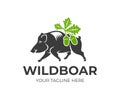 Wild boar and oak leaves with acorns, logo design. Animal, hunting, nature and wildlife, vector design Royalty Free Stock Photo