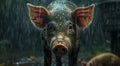 Wild boar in the rain