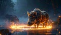 Wild Boar Standing in Flames at Night Royalty Free Stock Photo