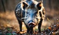 A wild boar stands in a forest with fallen leaves on the ground Royalty Free Stock Photo