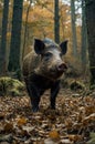 Wild Boar Portrait Standing Proudly in an Autumn Forest, Looking Directly at the Camera Royalty Free Stock Photo