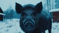 Wild boar winter farm snow portrait Royalty Free Stock Photo