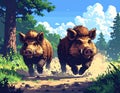 Wild Boars Running Through Forest Path in Nature Scene Royalty Free Stock Photo