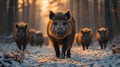 Wild boars walking through snowy forest in winter Royalty Free Stock Photo