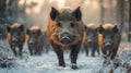 Wild boars walking through snowy forest in winter Royalty Free Stock Photo